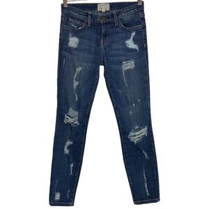 Current/Elliott The Stiletto Dark Shredded Distressed Mid Rise Ankle Jeans 25
